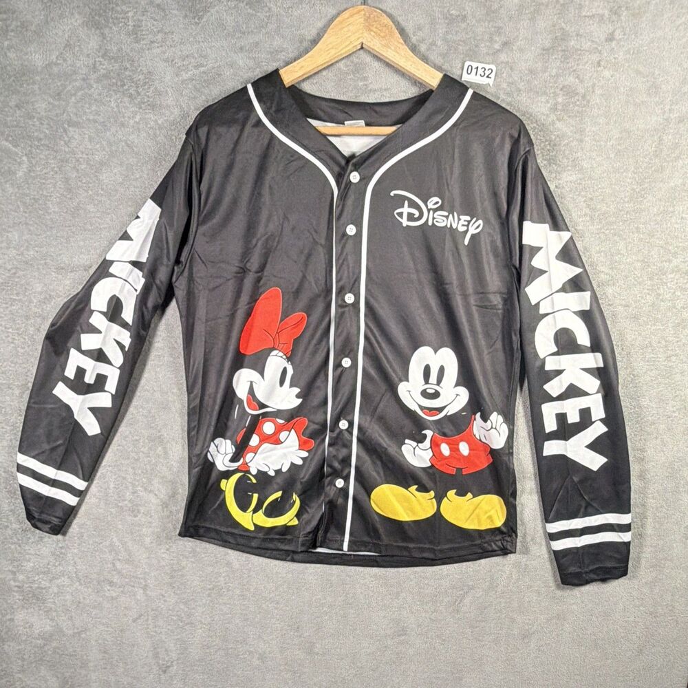 Disney Mickey & Minnie Mouse Black Button Front V-Neck Jersey Mesh Tee L